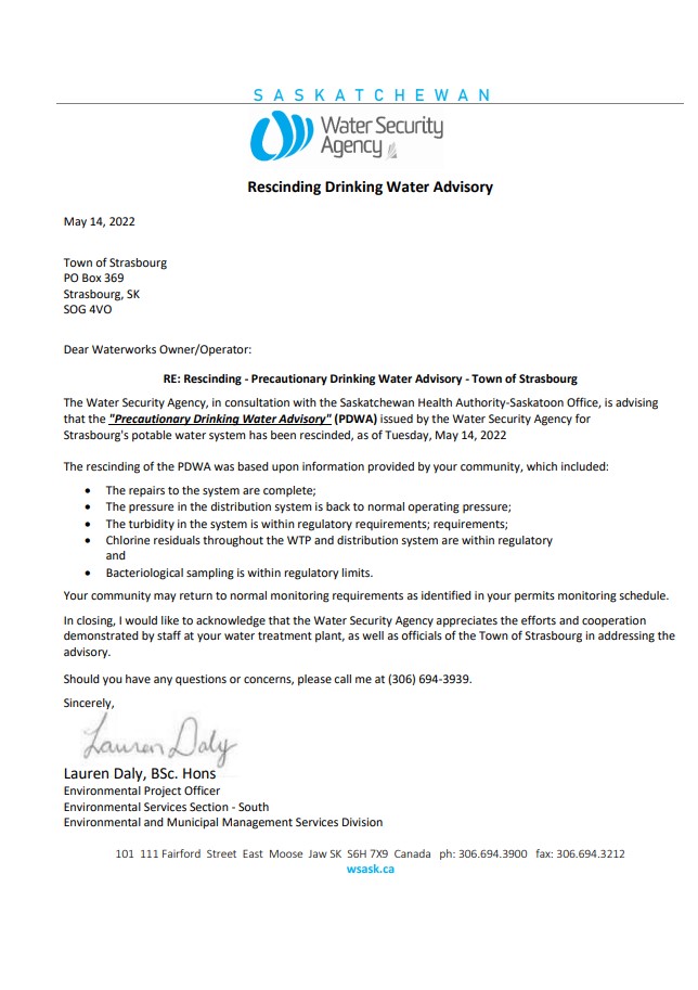 Canada Saskatchewan Strasbourg Water Security Agency water utility shut off notice